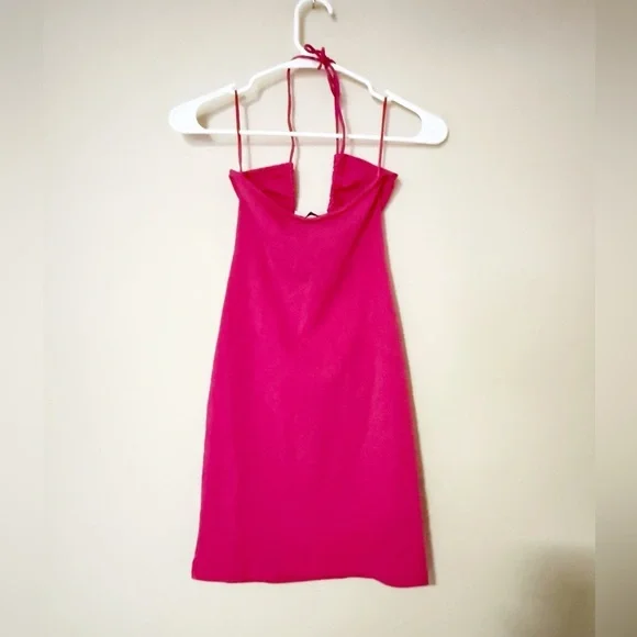 Zara Hot Pink Halter Neck Cut out tie Mini Dress stretch bodycon - Picture 6 of 6